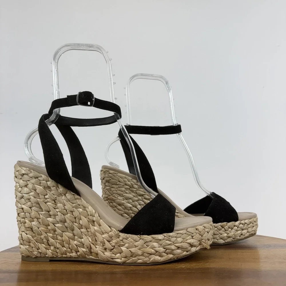 Womens BP Ginny Black Faux Suede Braided Espadrille Wedges Sandals Size‎ 9.5 GUC